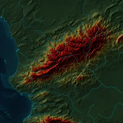 Topographic conflict zone map of Eastern Ukraine with heatmap overlays